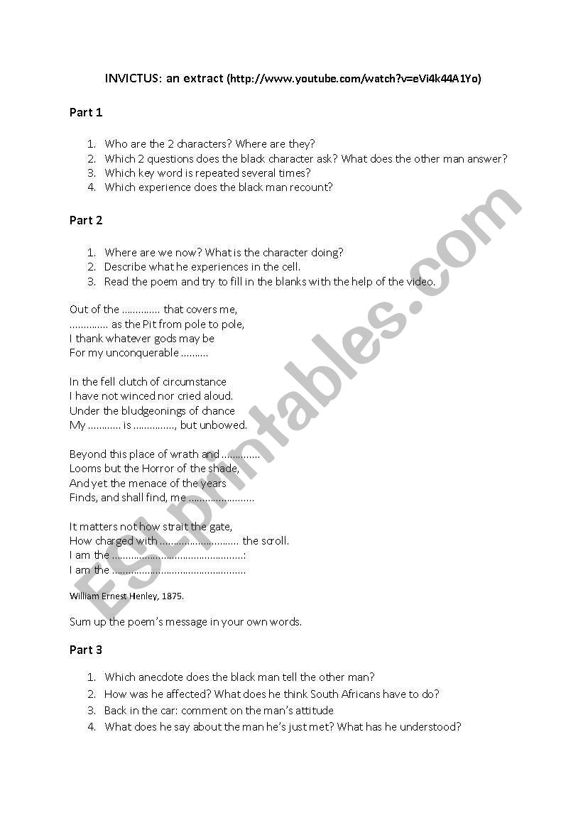 INVICTUS: THE POEM SCENE worksheet