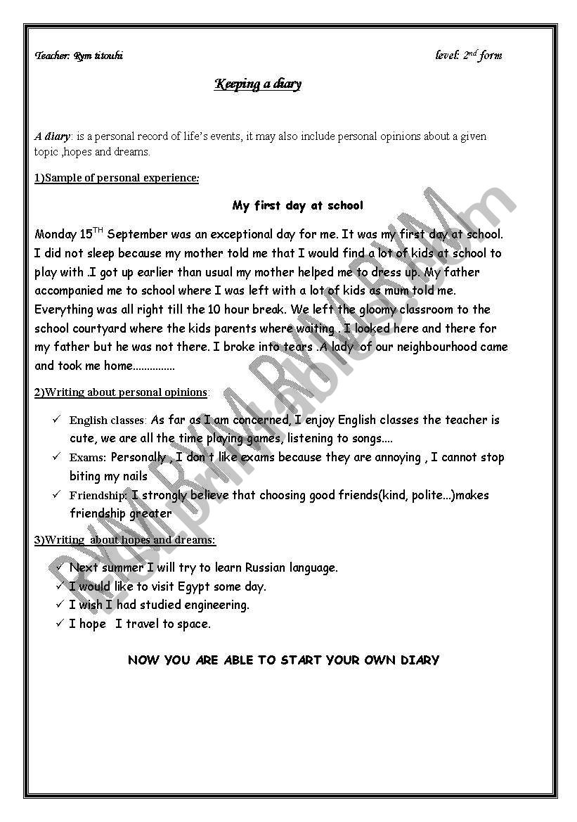 a sample diary worksheet