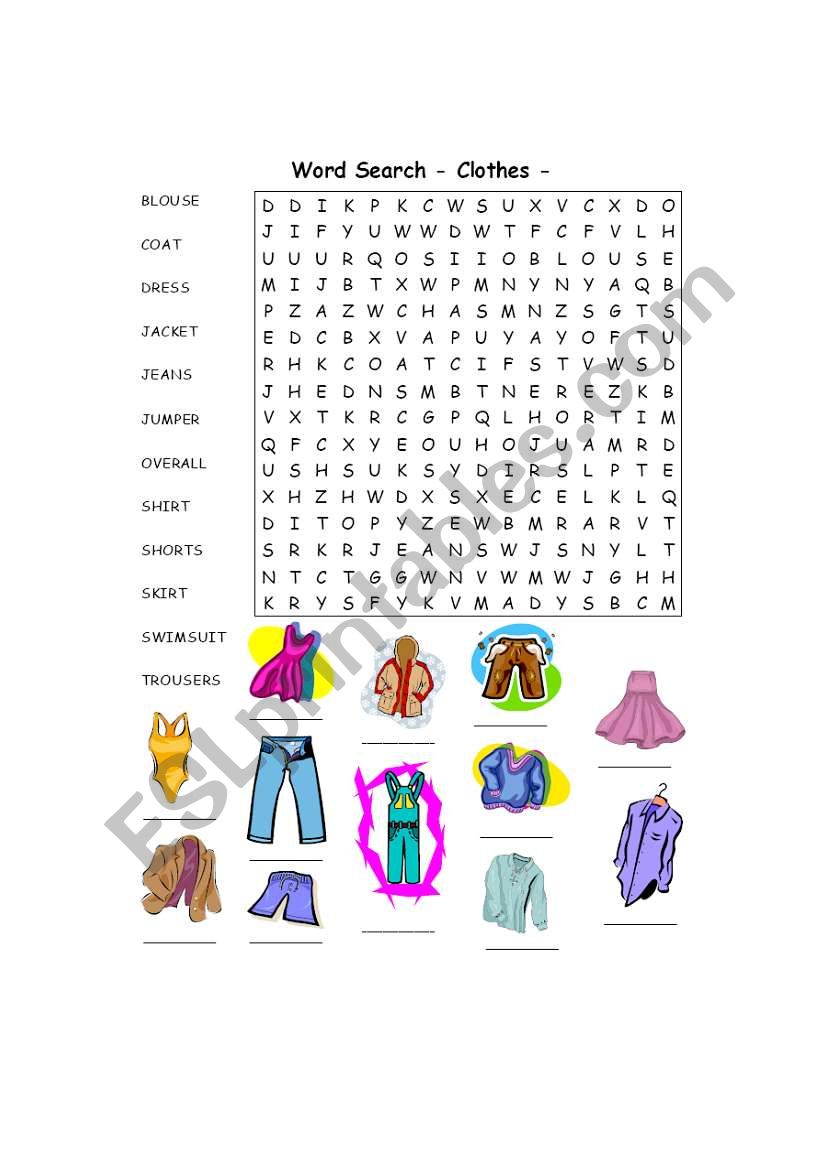 Wordsearch - Clothes worksheet