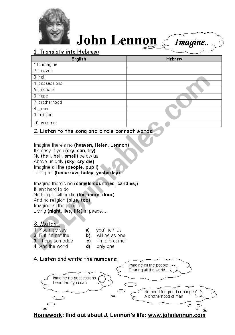 John Lennon Song worksheet worksheet