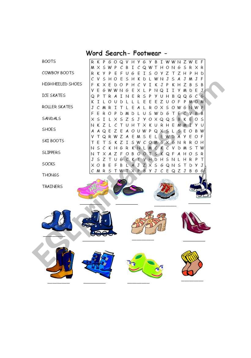 Word search - Footwear worksheet