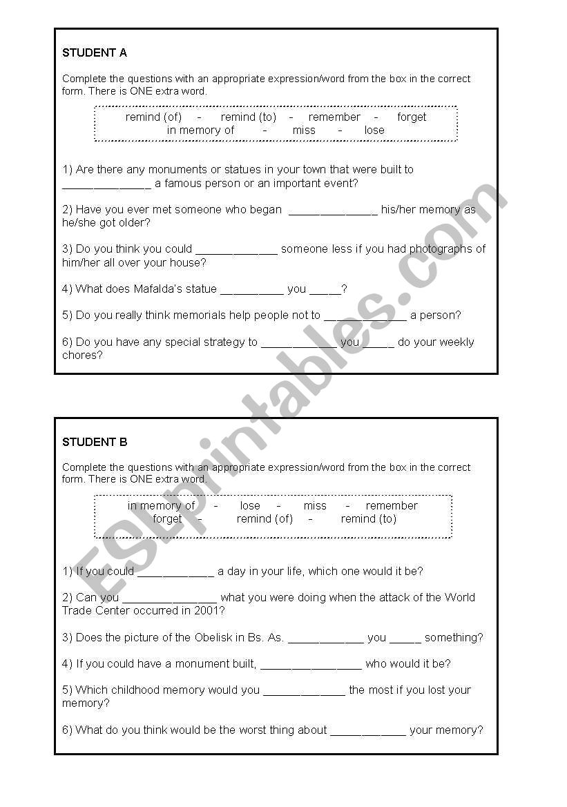 Vocabulary: memory worksheet