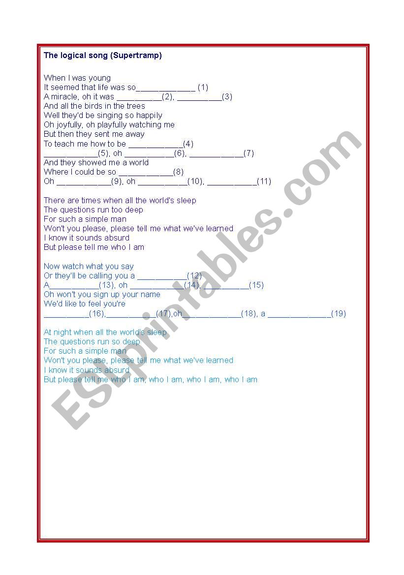 Song - The logical song worksheet