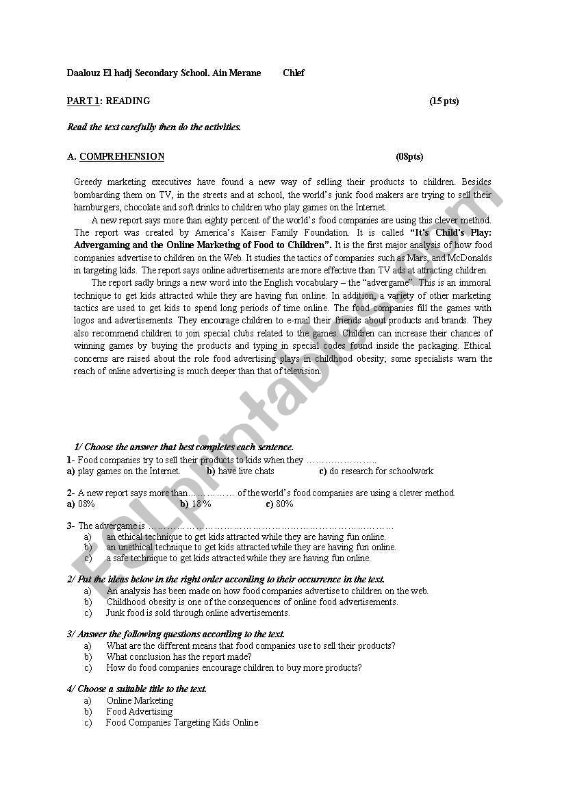 third year exam worksheet