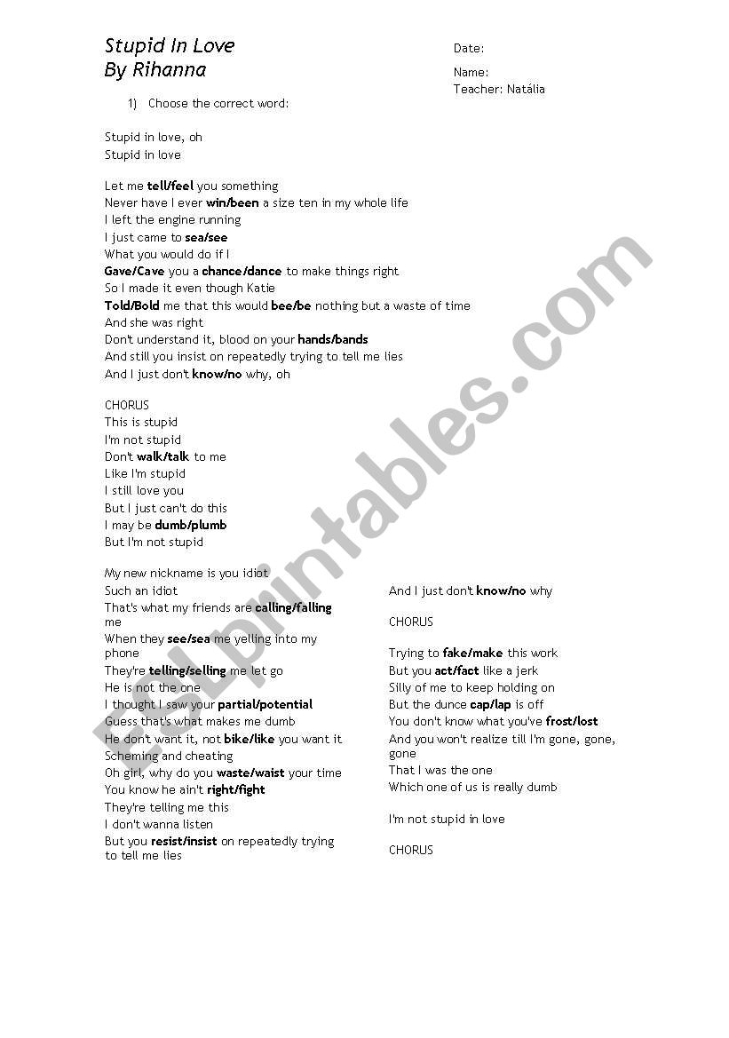 Rihanna - Stupid in Love worksheet