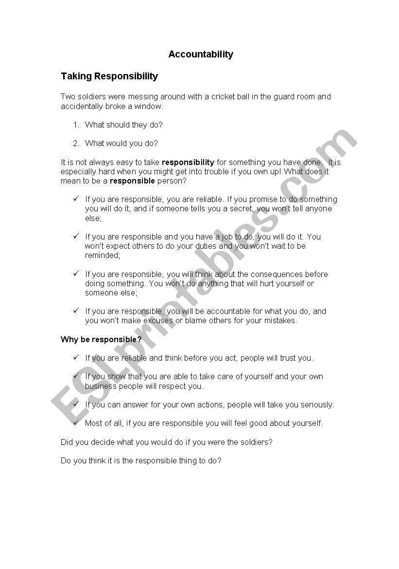 Responsibility worksheet