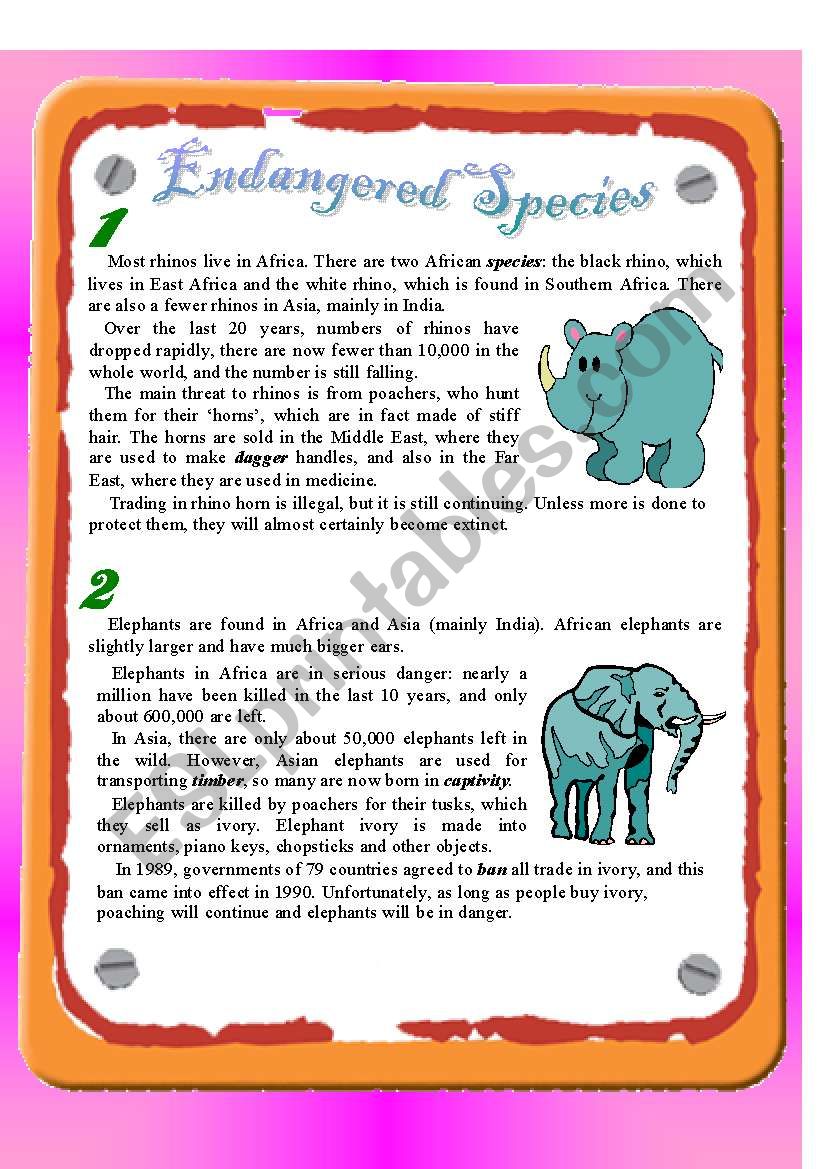 Reading - Endangered Species worksheet