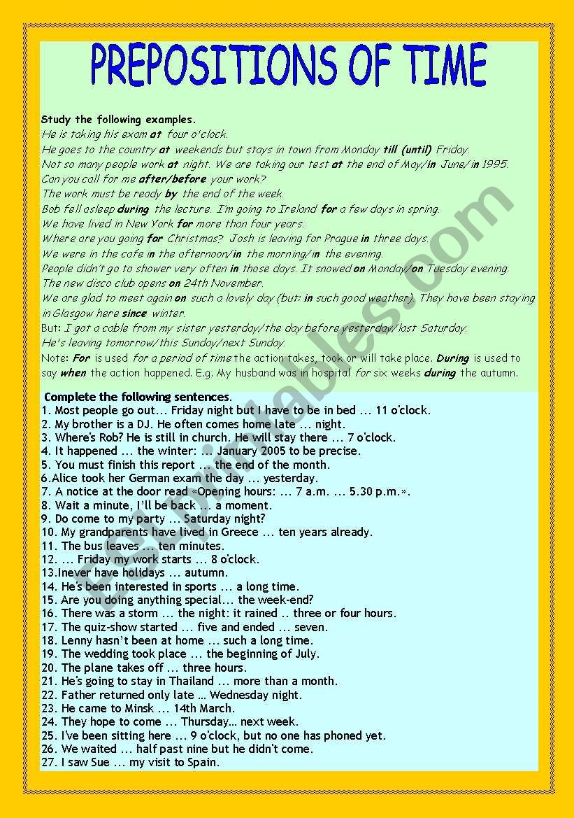 Prepositions of time worksheet