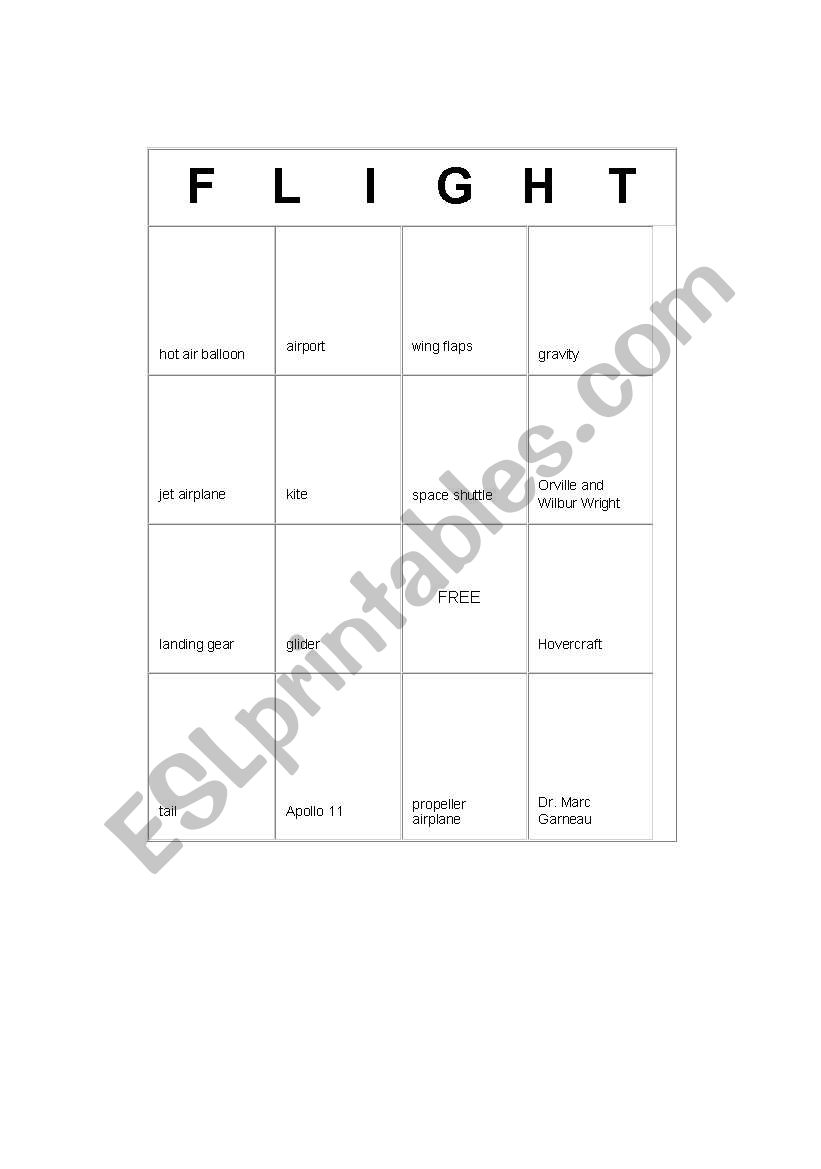 Flight Bingo Game worksheet