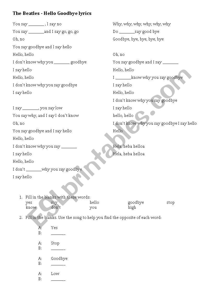 Hello Goodbye for The Beatles worksheet