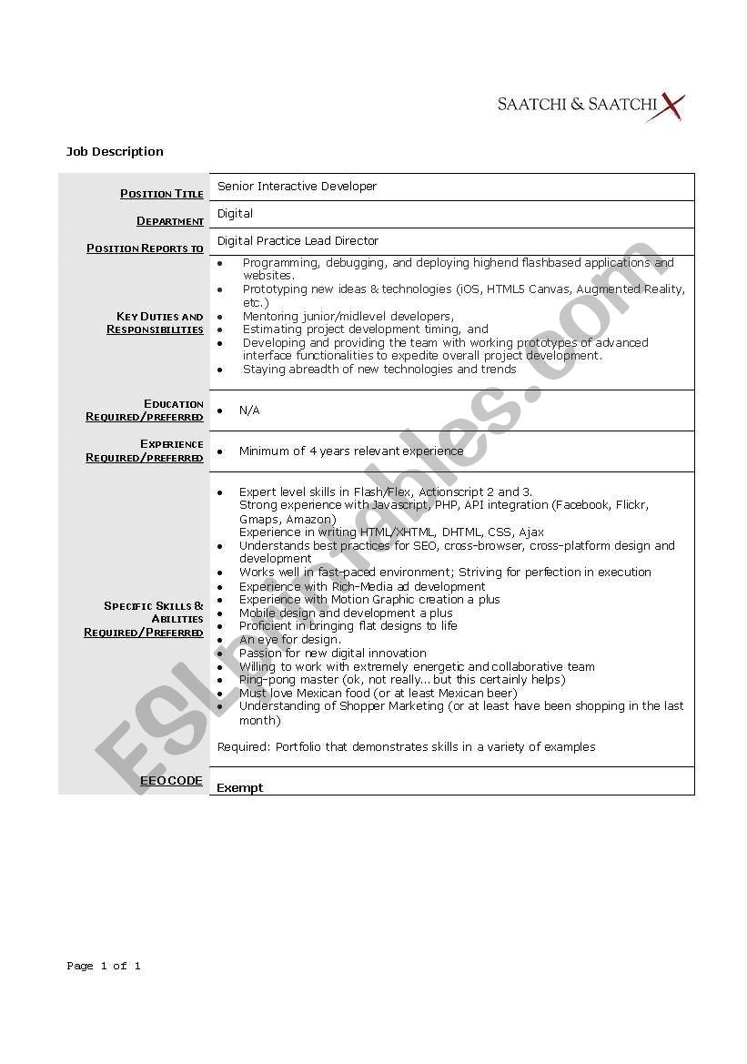 Developer Role worksheet