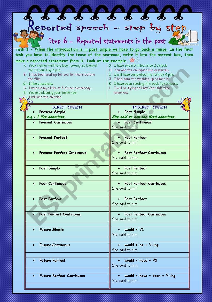 Reported speech step by step * Step 6 * Reported statements in the past * with key