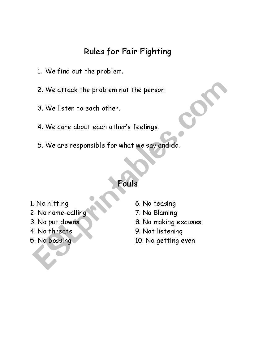 Rules for Fair Fighting worksheet