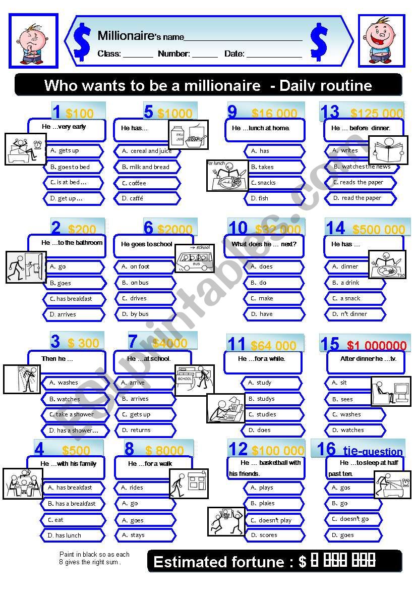 The who wants to be a millionaire worksheet on daily routine