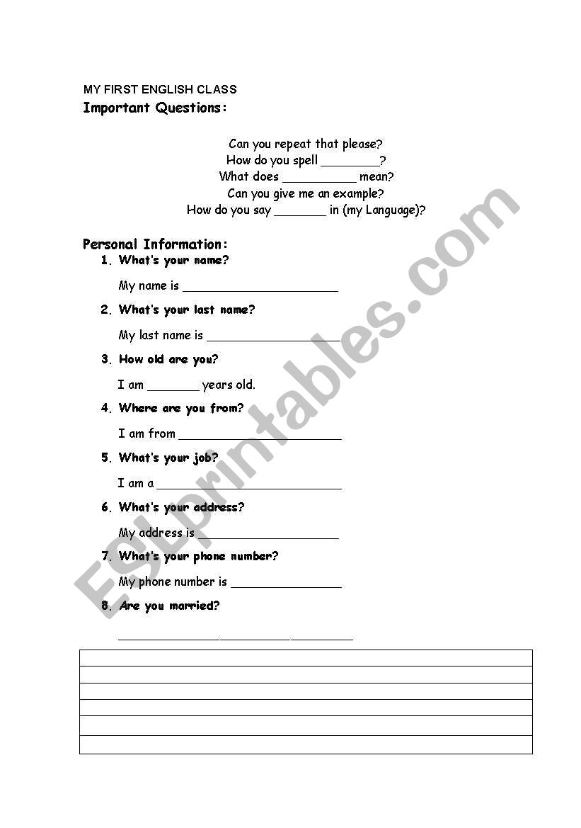 First English Class worksheet