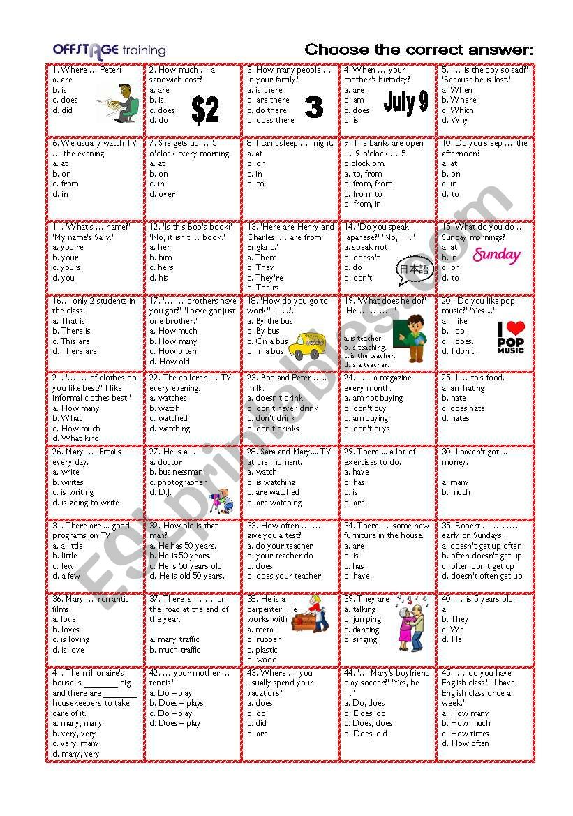 Present Simple_Prepositions_Much_Many_Multiple Choice