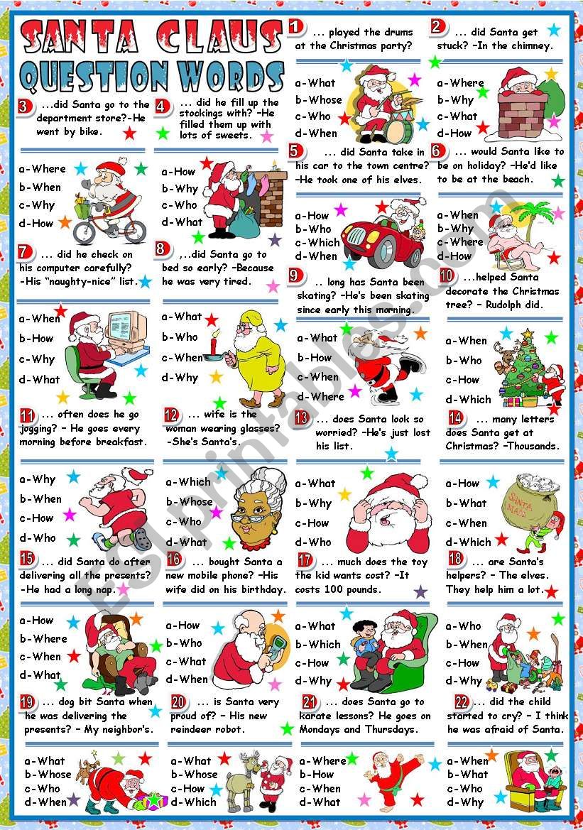 SANTA CLAUS AND QUESTION WORDS (B&W VERSION+KEY INCLUDED)