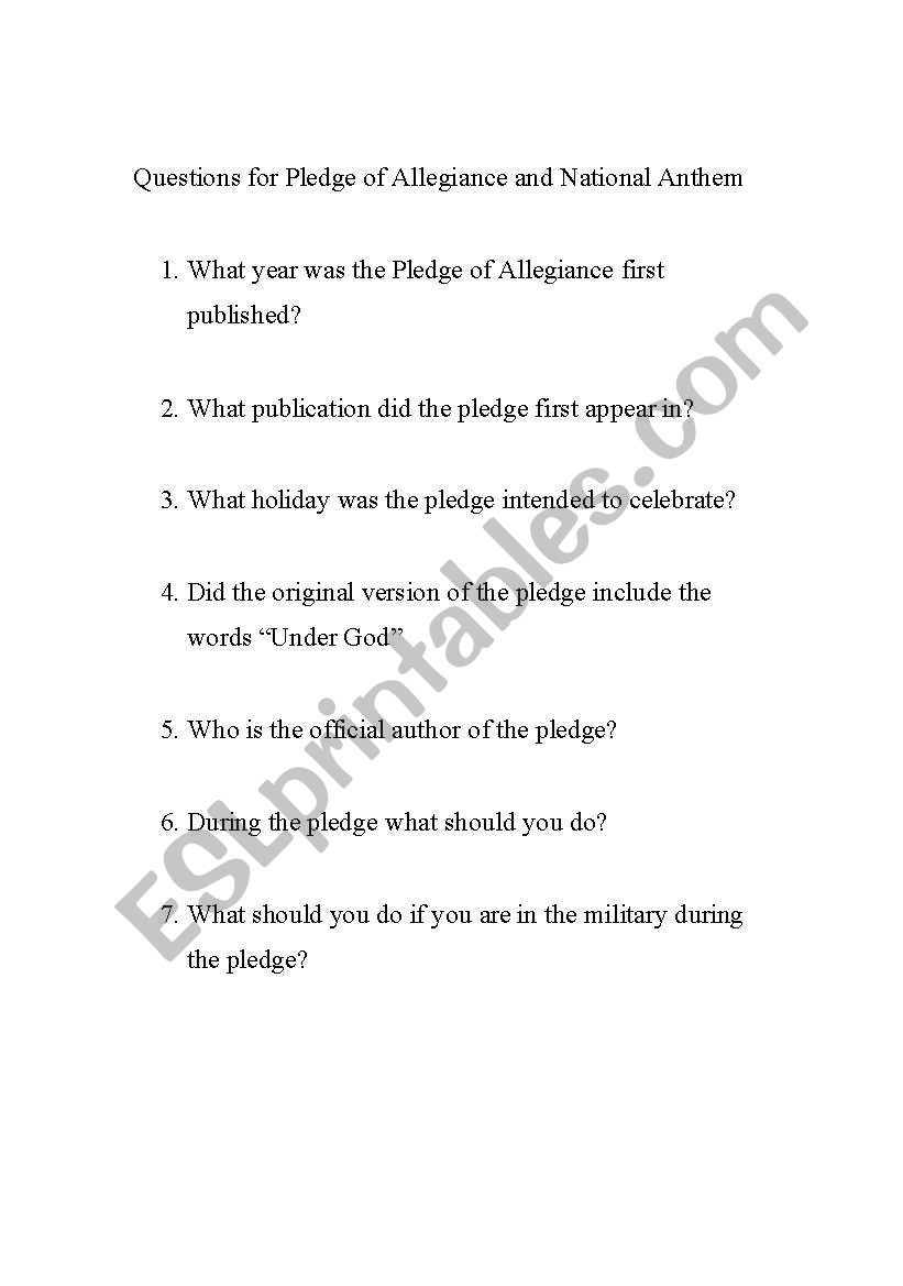 Questions on The Pledge and National Anthem