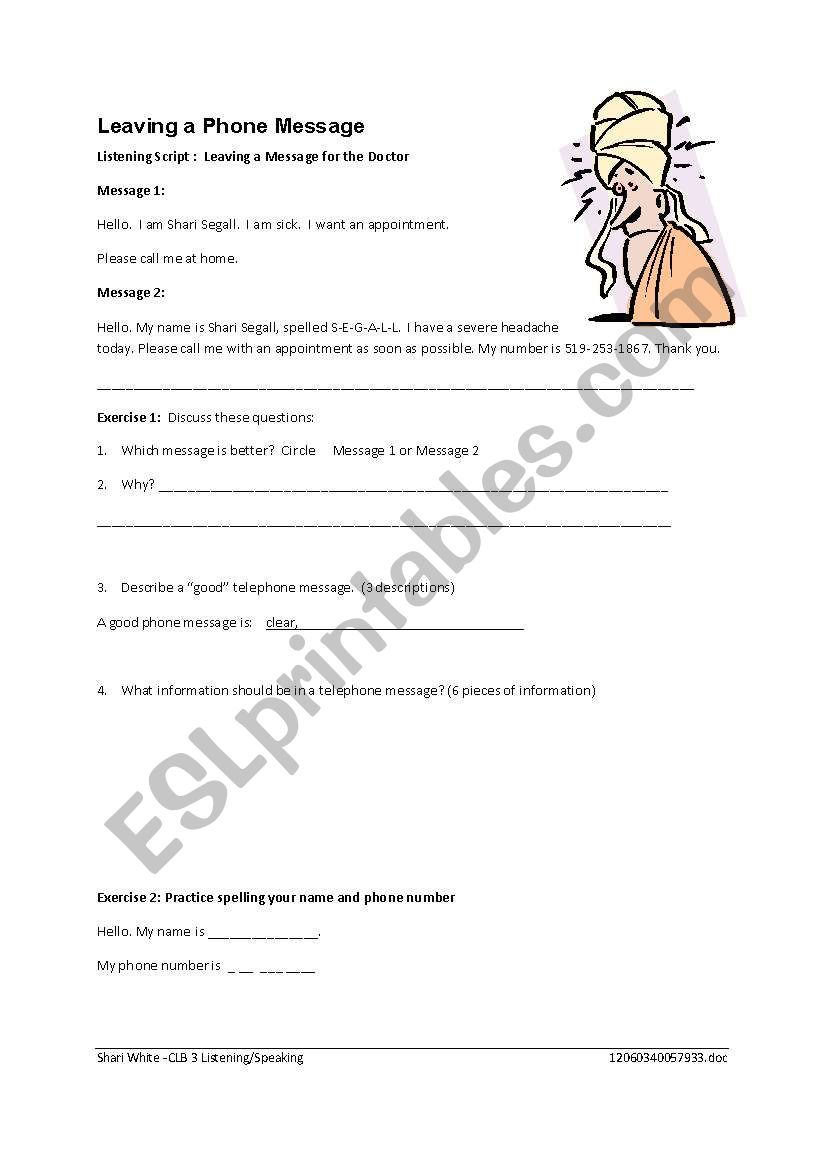 Leaving a phone message worksheet