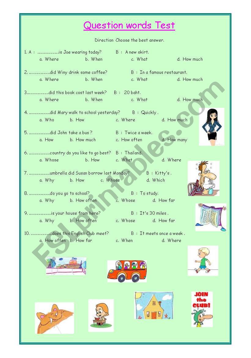 question words test worksheet