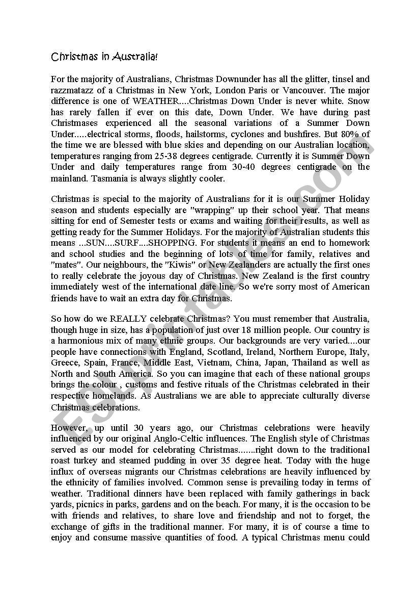 chrismas in asutralia text worksheet