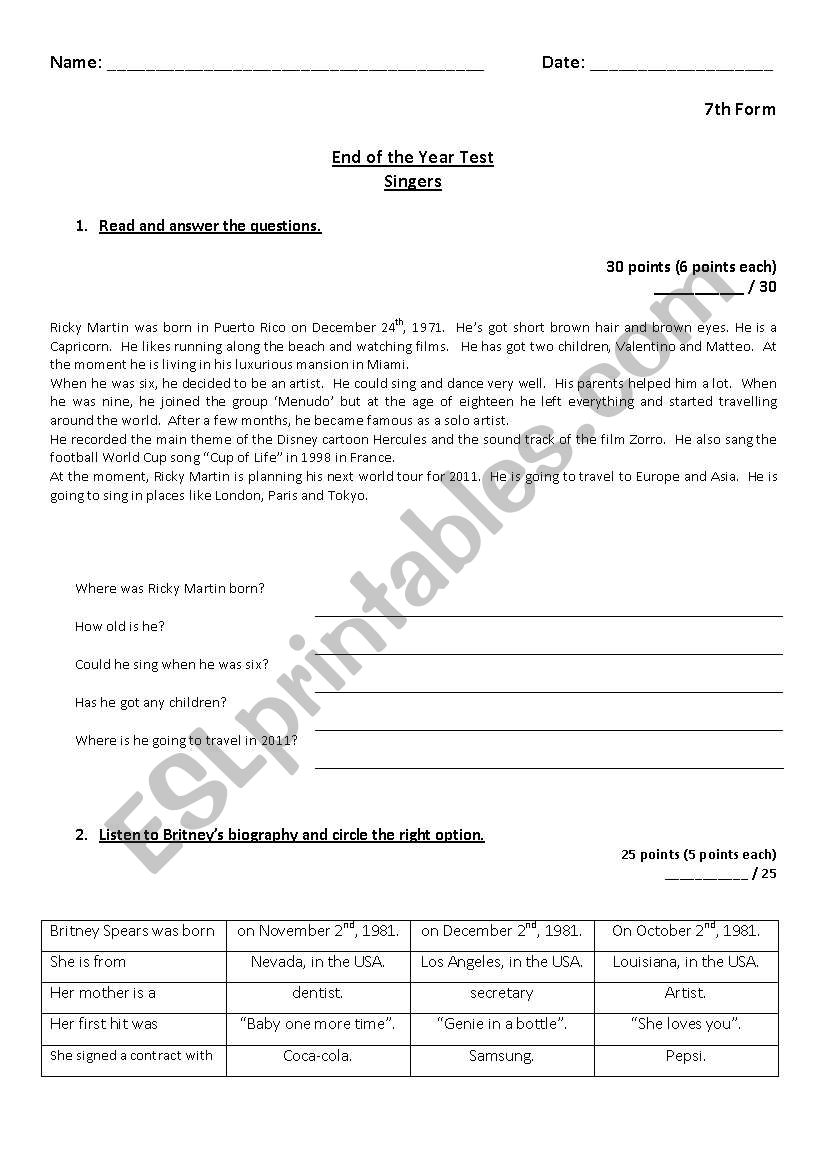End of the year test worksheet