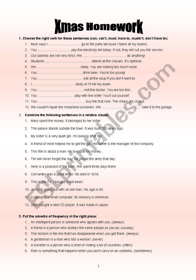 Xmas homework worksheet