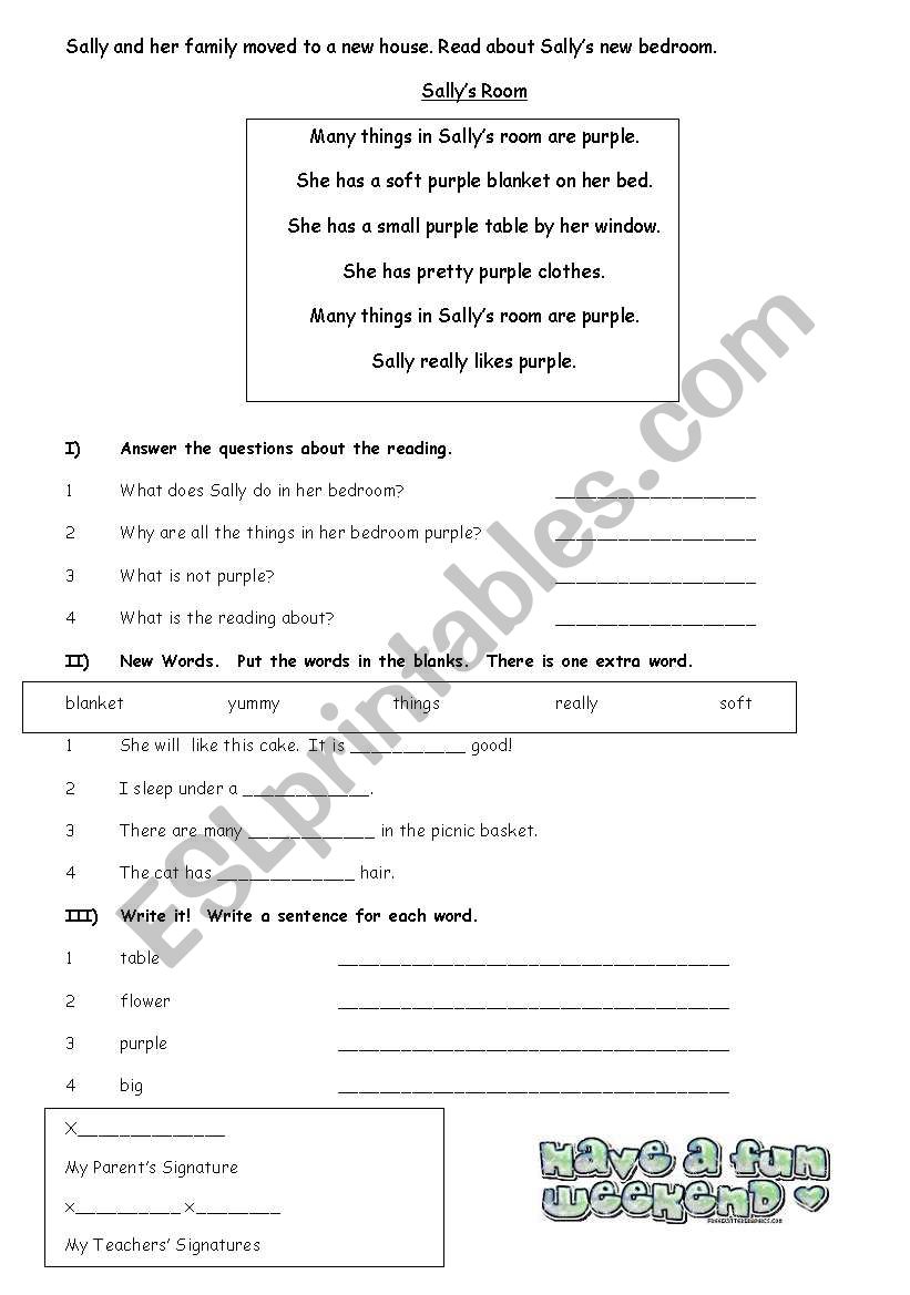 sallys room worksheet