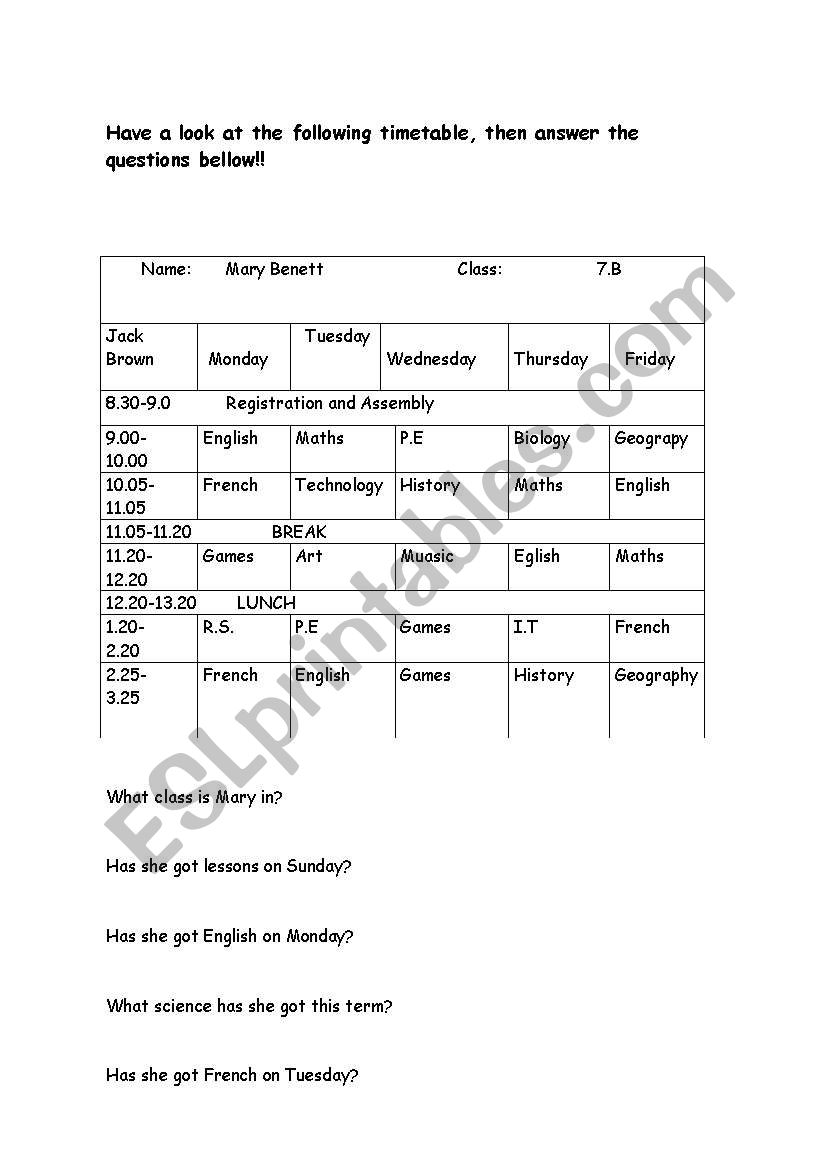 Timetable worksheet