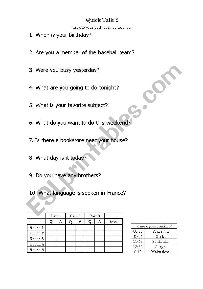 quick chat worksheet
