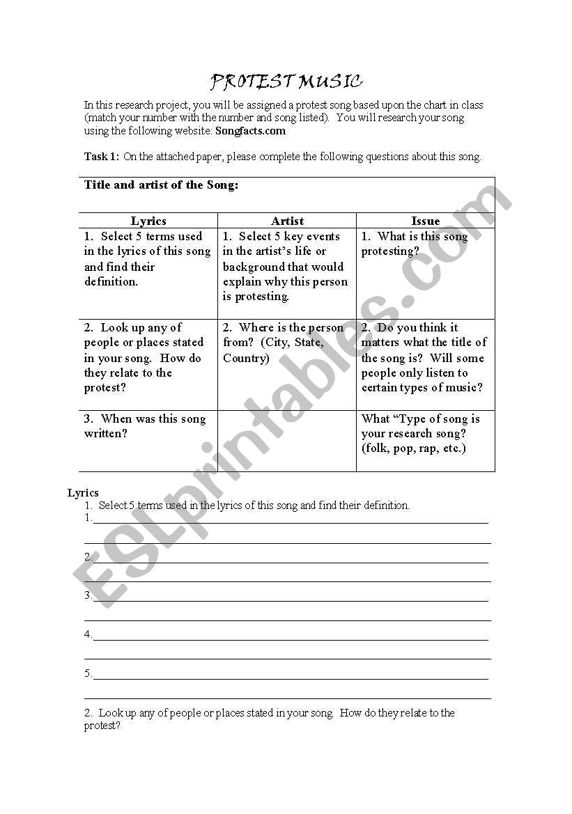 Protest Music worksheet