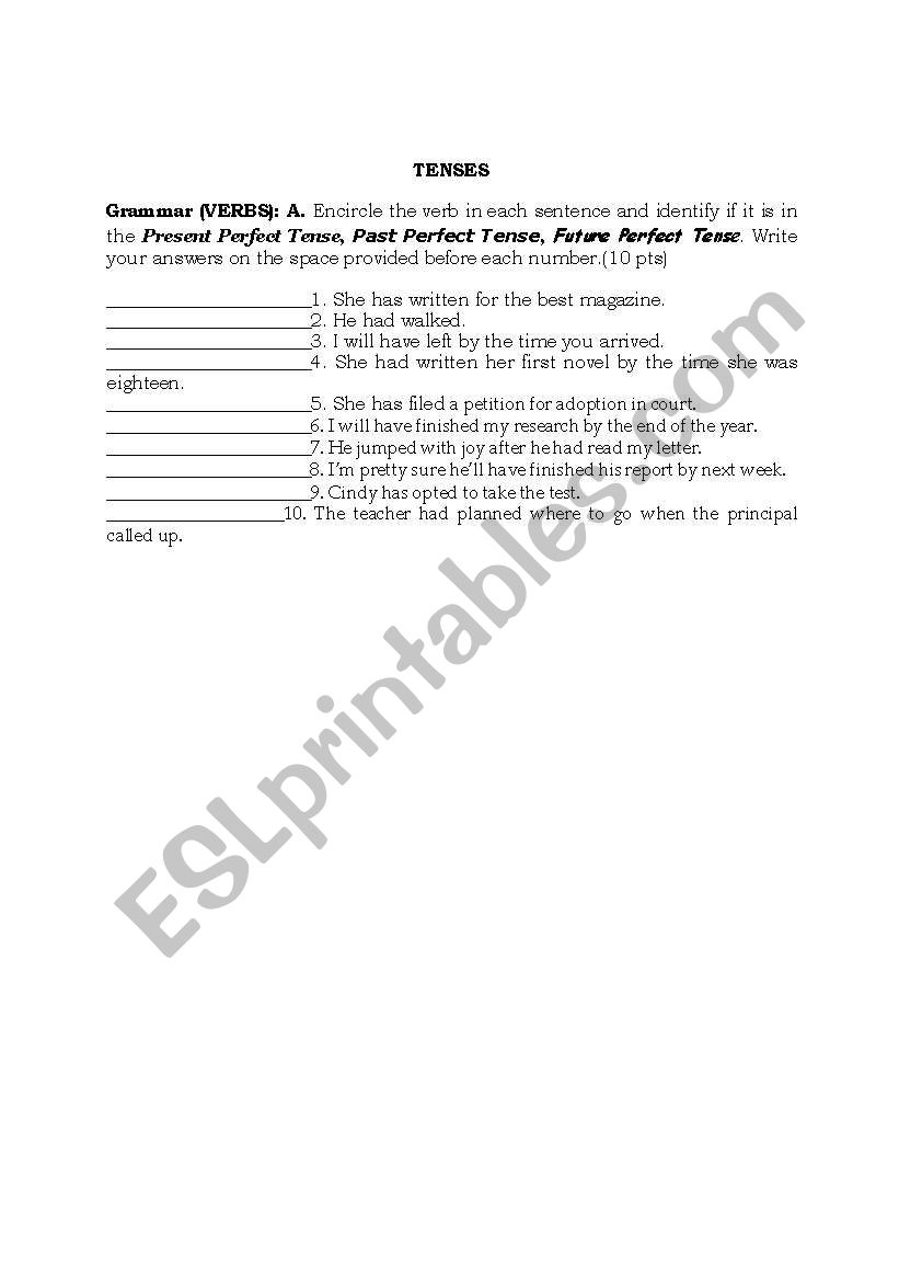 verb tenses worksheet