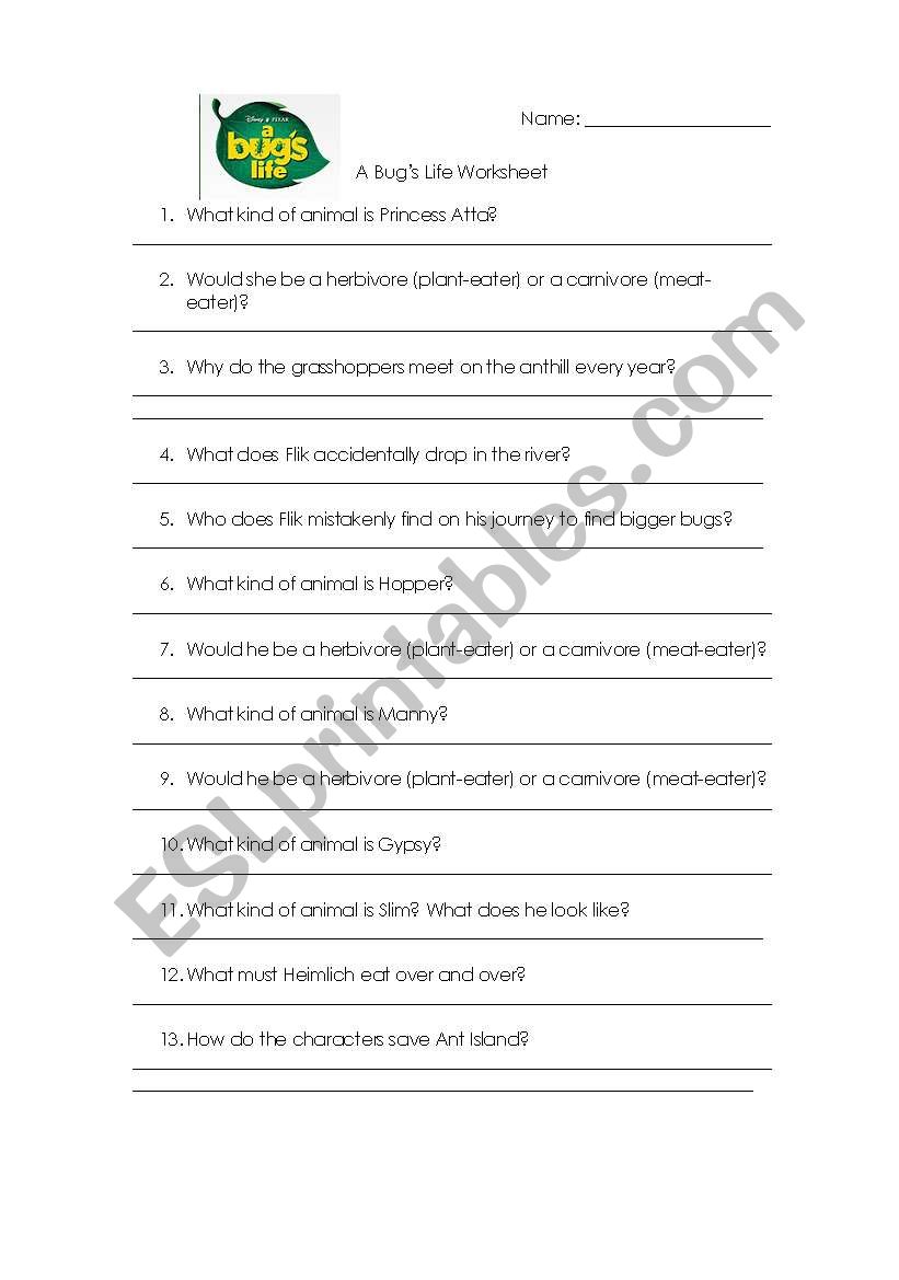 A Bugs Life Worksheet worksheet