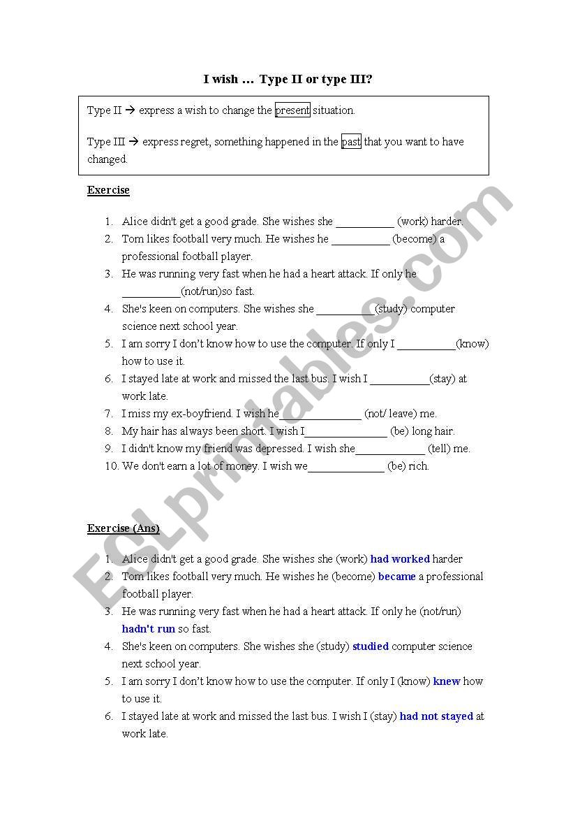 conditionals (i wish)  worksheet