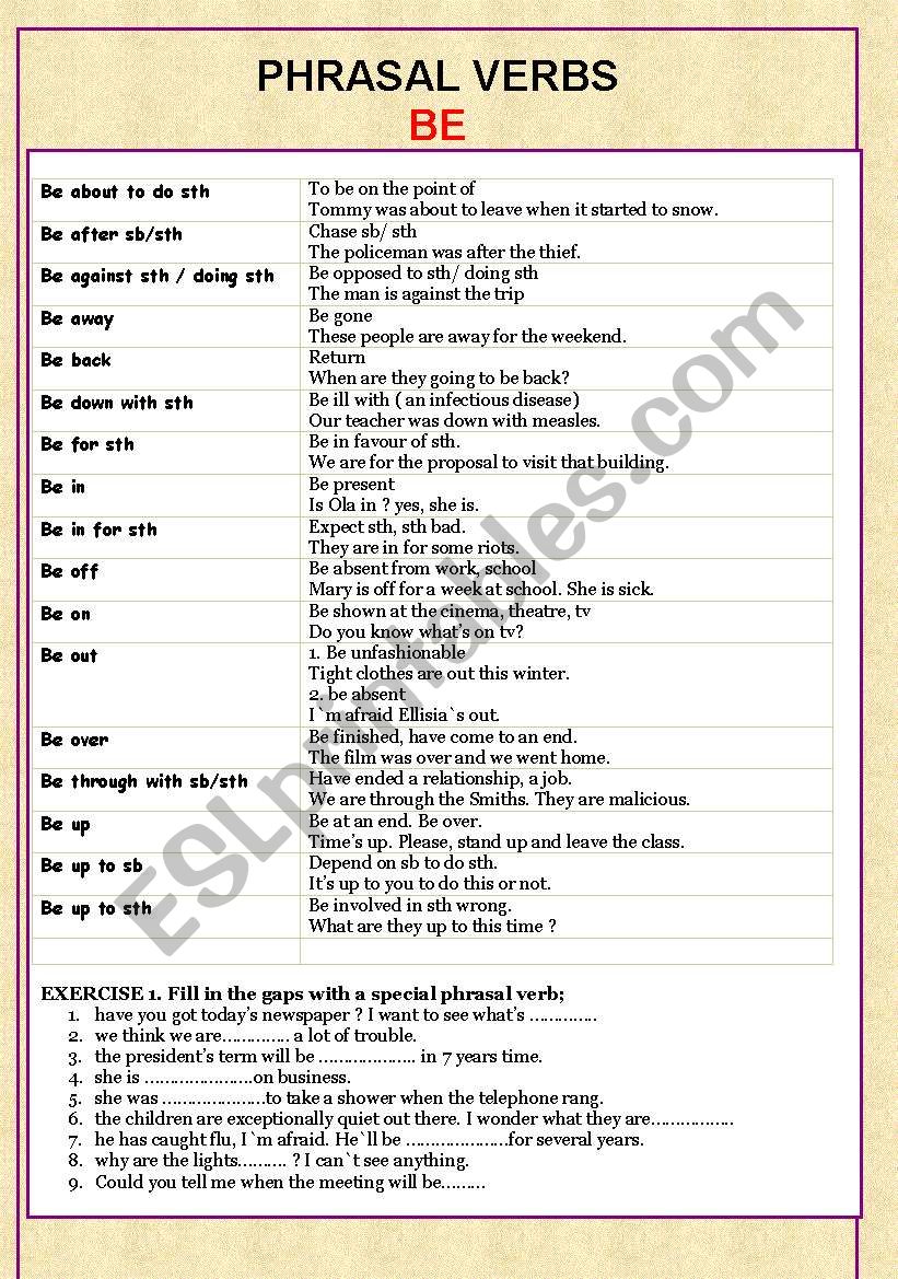 PHRASAL VERBS: BE worksheet