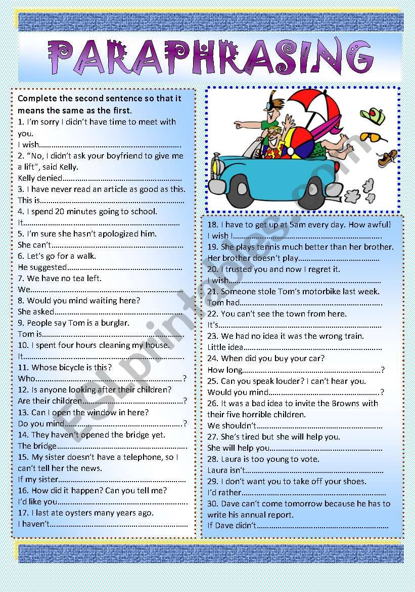 Paraphrasing + KEY worksheet