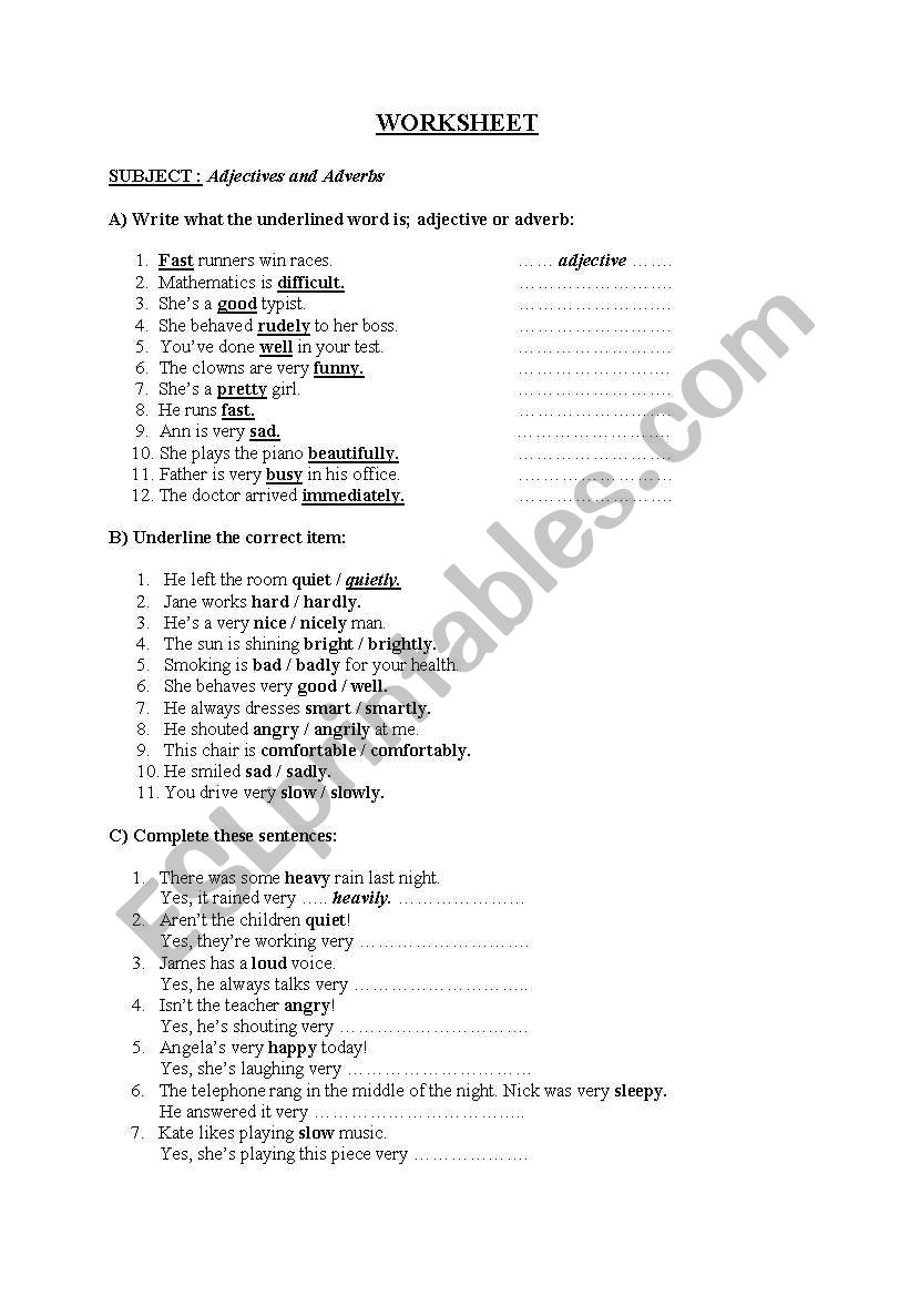 adverb-adejective worksheet