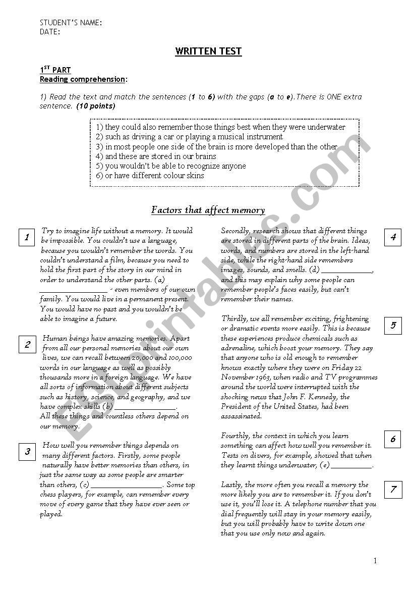 Memories worksheet