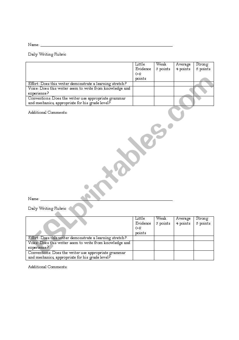 Daily Writing Rubric worksheet