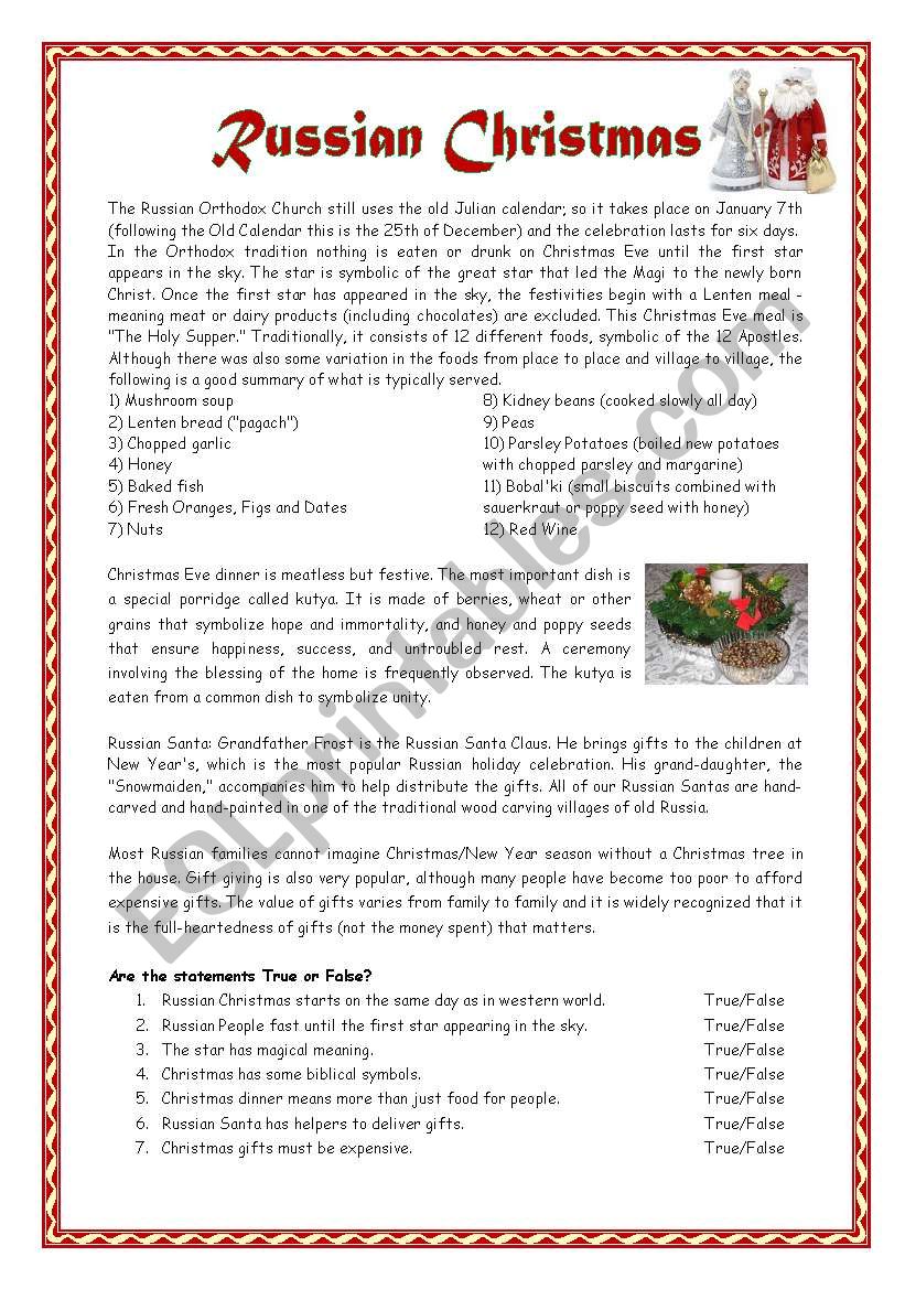 Russian Christmas  with key worksheet