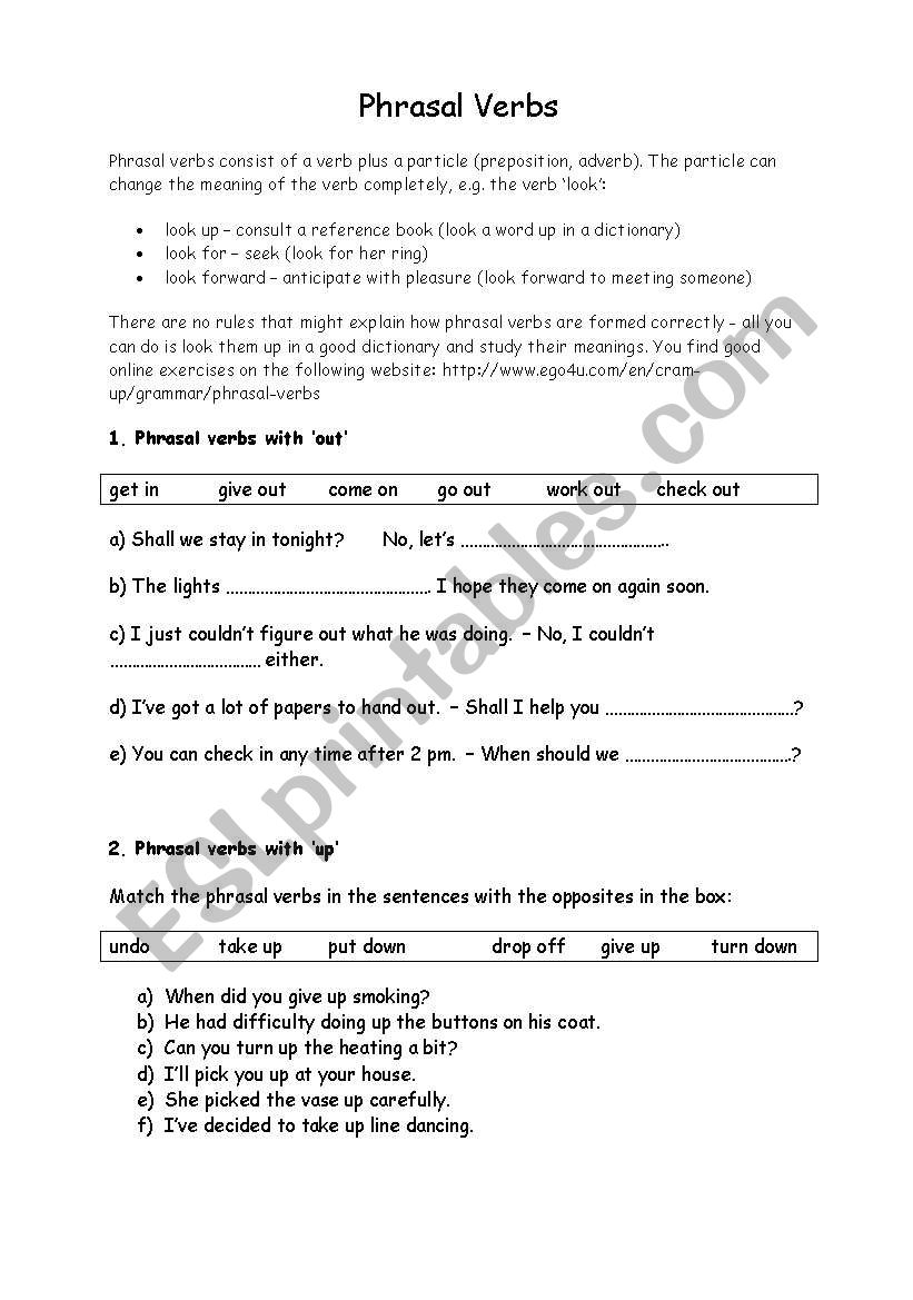 Phrasal Verbs exercises worksheet