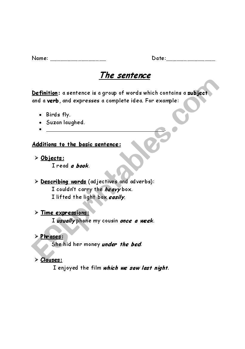 writing- sentence level worksheet