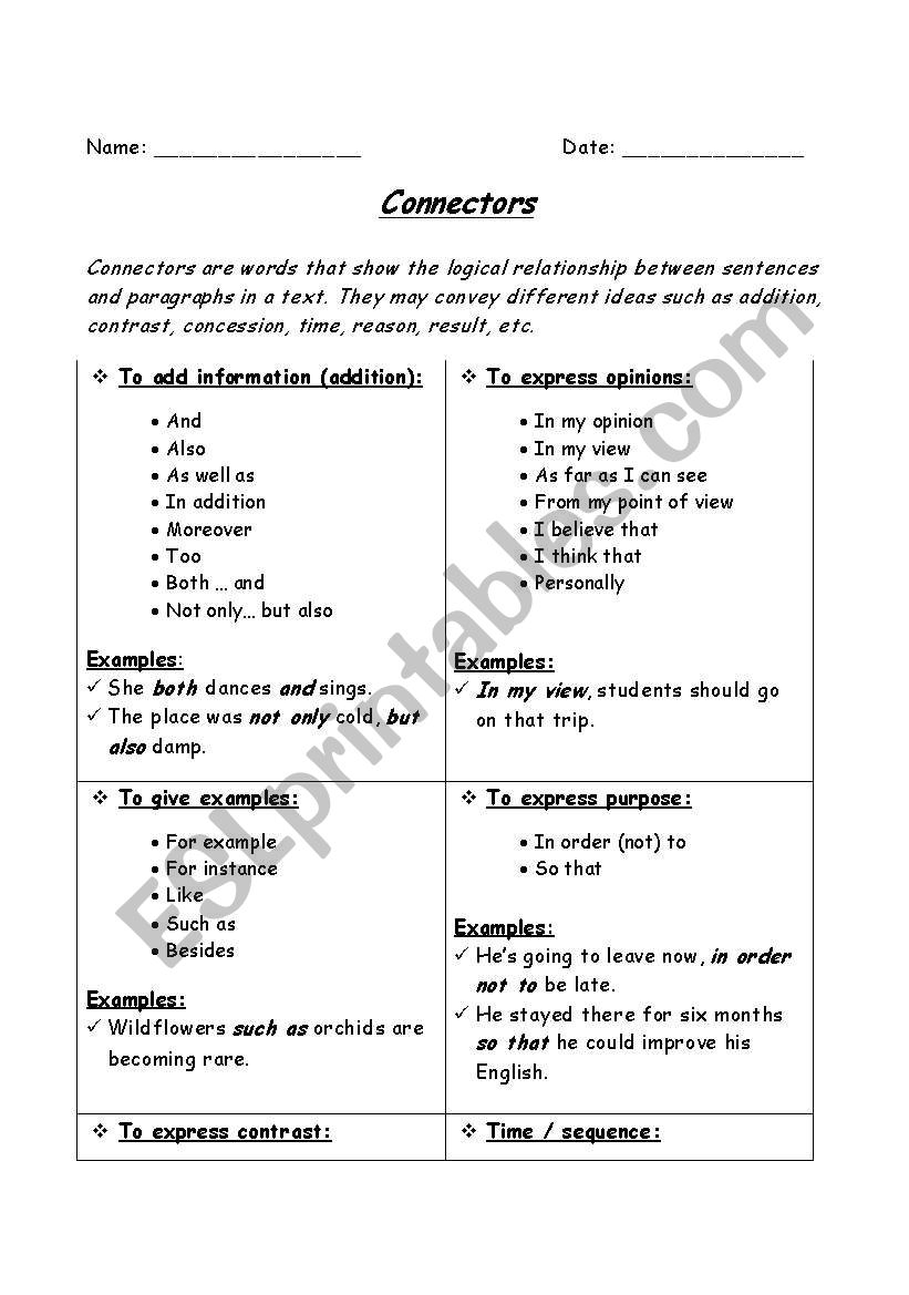 connectors worksheet