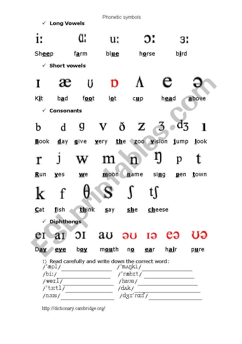 Phonetic symbols worksheet