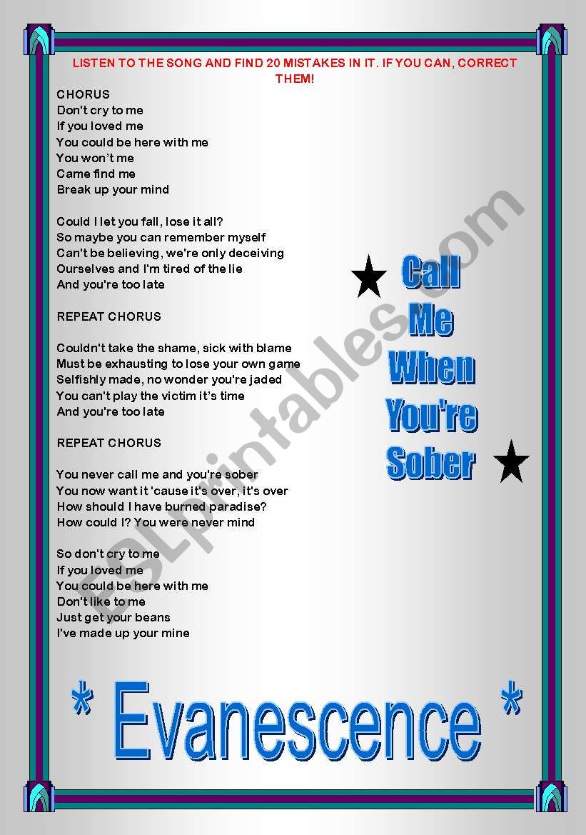 Song activity - Evanescence - Call me when youre sober