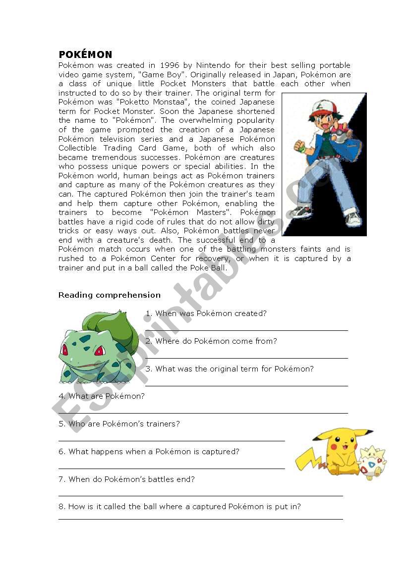 Pokmon reading comprehension worksheet