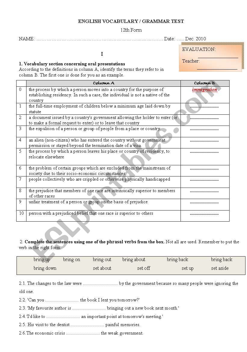 grammar test worksheet