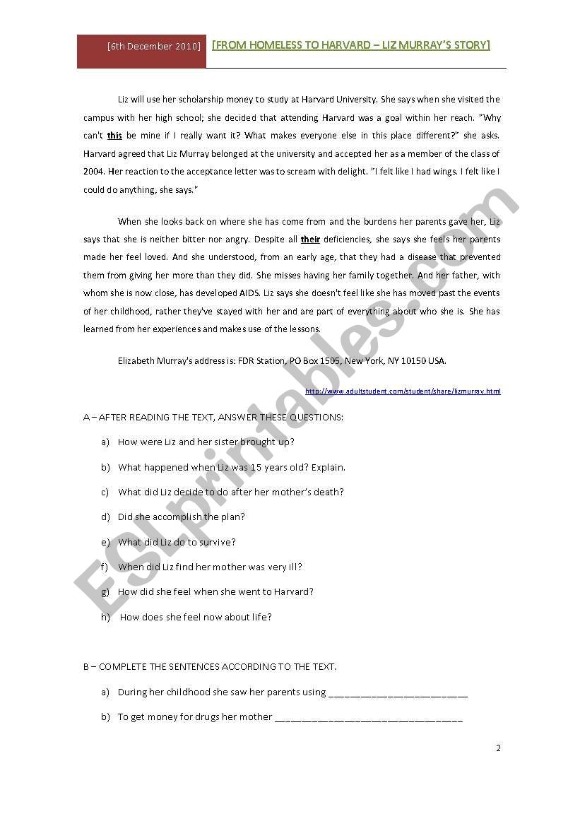 From Homeless To Harvard Esl Worksheet By Ascincoquinas