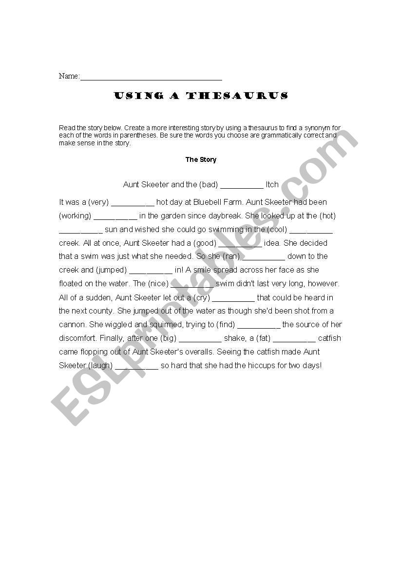 Thesarus Worksheet 1 worksheet