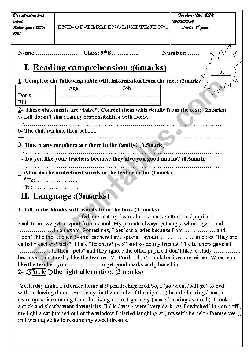 9 th year end term test n 1 for 2010/2011